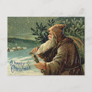 =Vintage Christmas Card, Santa Claus and Tree Postcard