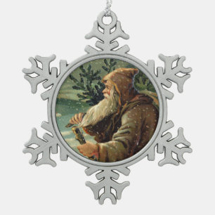 =Vintage Christmas Card, Santa Claus and Tree Snowflake Pewter Christmas Ornament