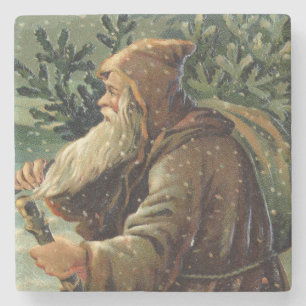 Vintage Christmas Card, Santa Claus and Tree Stone Coaster