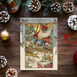 Vintage Christmas Card   Santa Claus Kids plane