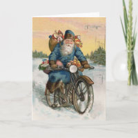 Vintage Christmas Card Santa Claus motorcycle