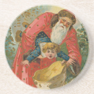 Vintage Christmas Card, Santa Claus, Naughty Child Coaster