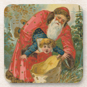 Vintage Christmas Card, Santa Claus, Naughty Child Coaster