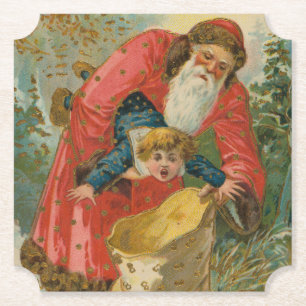 Vintage Christmas Card, Santa Claus, Naughty Child Paper Coaster