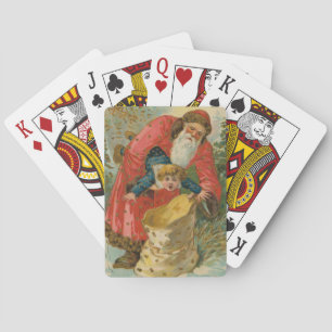 Vintage Christmas Card, Santa Claus, Naughty Child Playing Cards