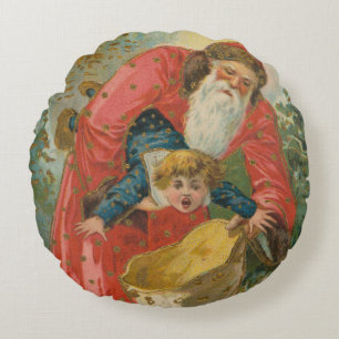 Vintage Christmas Card, Santa Claus, Naughty Child Round Cushion