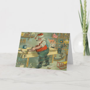 Vintage Christmas Card - Santa in his Workshop