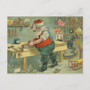 Vintage Christmas Card - Santa in his Workshop