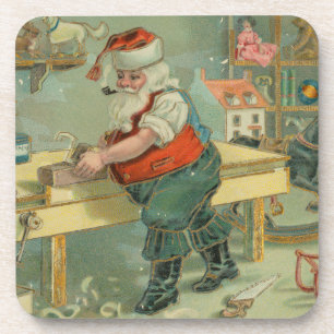 Vintage Christmas Card - Santa in his Workshop Coaster