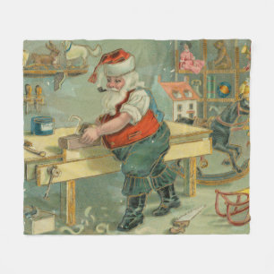 Vintage Christmas Card - Santa in his Workshop Fleece Blanket
