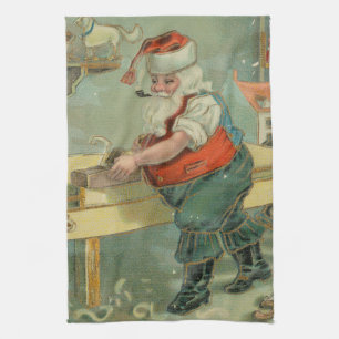 Vintage Christmas Card - Santa in his Workshop Tea Towel