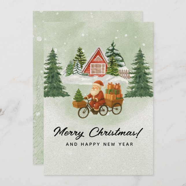 🌲Vintage Christmas Card – Santa on Bicycle (Front/Back)