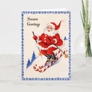 Vintage Christmas Card - Santa on Candy Cane Skis