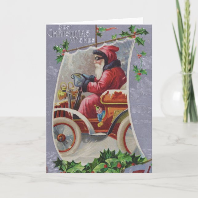 Vintage Christmas Card | Santa vintage automobile (Front)