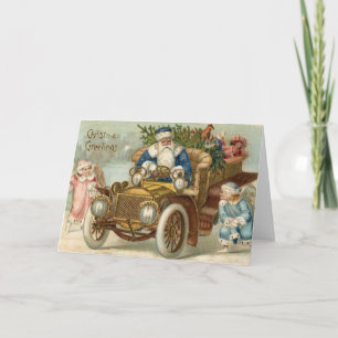 Vintage Christmas Card   Santa vintage car Cherubs