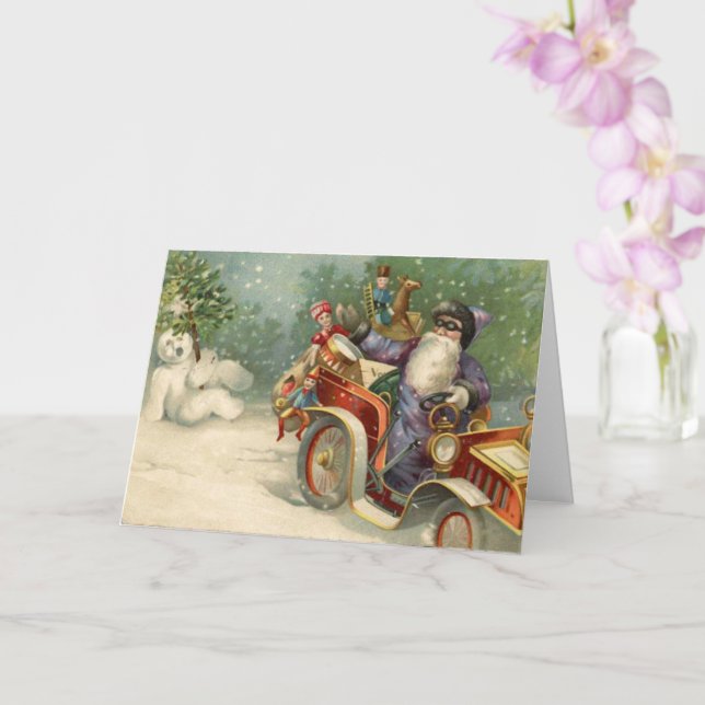 Vintage Christmas Card | Santa vintage car Snowman (Orchid)