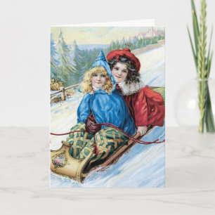 Vintage Christmas Card Sledding in Snow