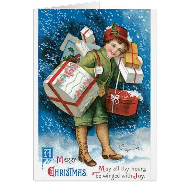 Vintage Christmas Card Snow Boy Gifts Presents (Front)