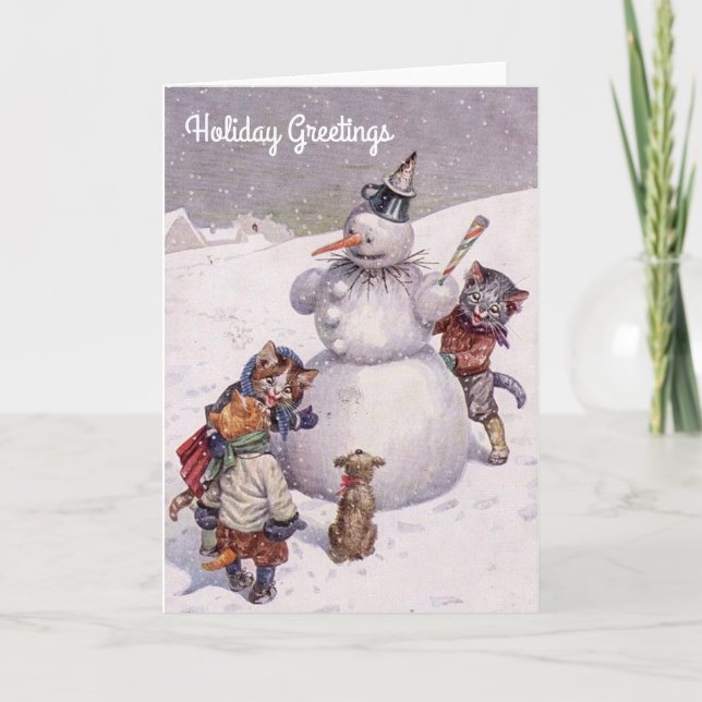 Vintage Christmas Card, Snowman & Cats Holiday Card (Front)