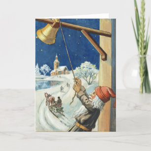Vintage Christmas Card   Swedish Elf Church bells