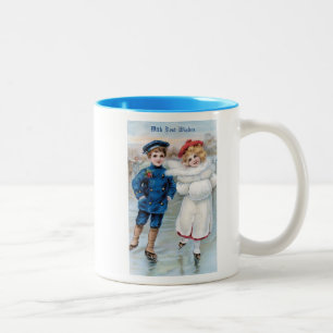 Vintage Christmas Card with Children Ice Skating Two-Tone Coffee Mug
