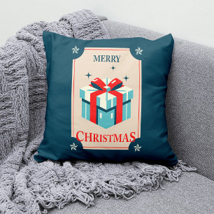 Vintage Christmas Card With Festive Gift Box Cushion