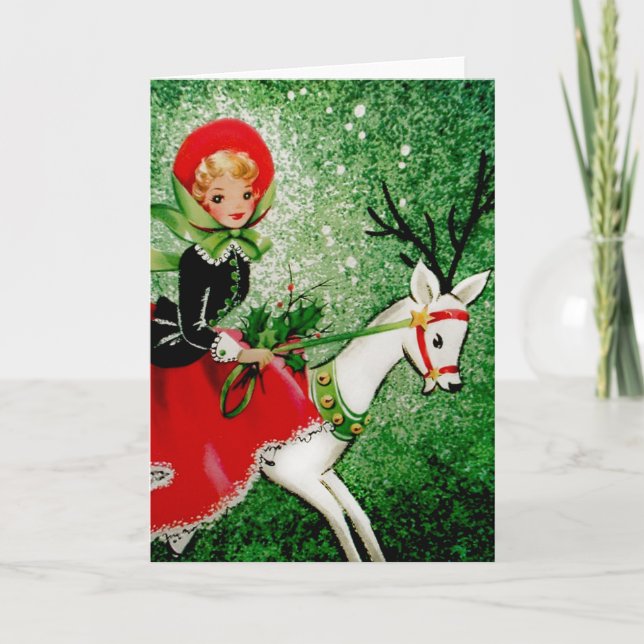 Vintage Christmas Card with Lady riding a Deer (Front)