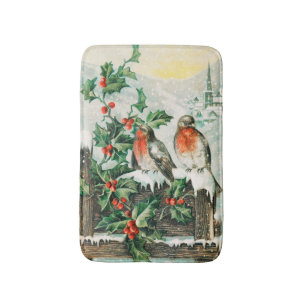 Vintage Christmas Card with Robins, Holly, Church Bath Mat