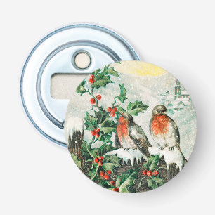 Vintage Christmas Card with Robins, Holly, Church Bottle Opener
