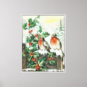 Vintage Christmas Card with Robins, Holly, Church Canvas Print