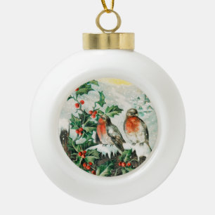 Vintage Christmas Card with Robins, Holly, Church Ceramic Ball Christmas Ornament