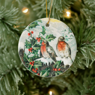 Vintage Christmas Card with Robins, Holly, Church Ceramic Tree Decoration