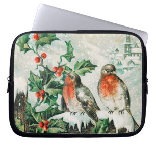 Vintage Christmas Card with Robins, Holly, Church Laptop Sleeve