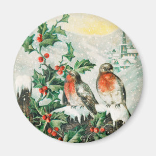 Vintage Christmas Card with Robins, Holly, Church Magnet
