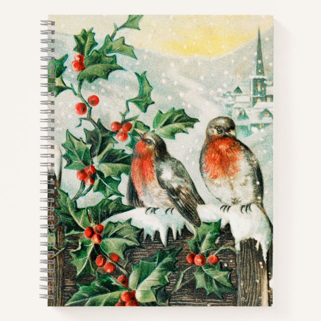 Vintage Christmas Card with Robins, Holly, Church Notebook (Front)