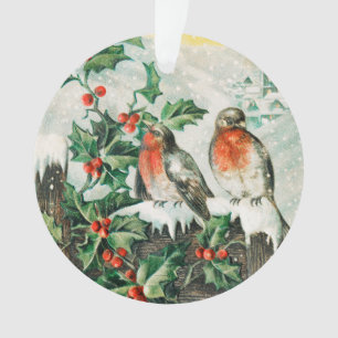 Vintage Christmas Card with Robins, Holly, Church Ornament