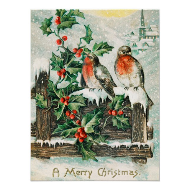 Vintage Christmas Card with Robins, Holly, Church Poster (Front)