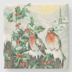 Vintage Christmas Card with Robins, Holly, Church Stone Coaster