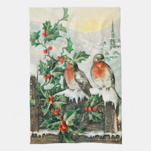 Vintage Christmas Card with Robins, Holly, Church Tea Towel