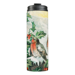 Vintage Christmas Card with Robins, Holly, Church Thermal Tumbler