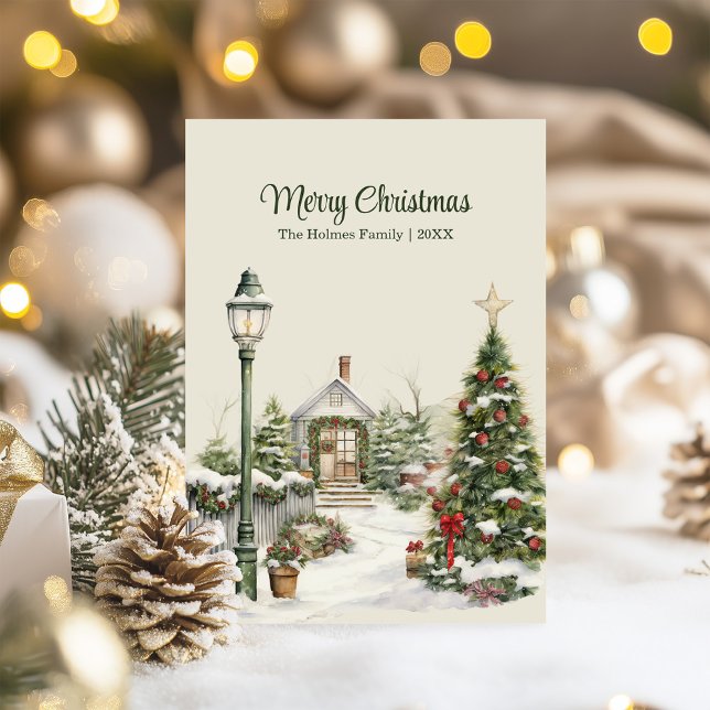 Vintage Christmas Card with Tree and Cottage (Vintage Christmas Card with Tree and Cottage on a table with Christmas decor and lights)