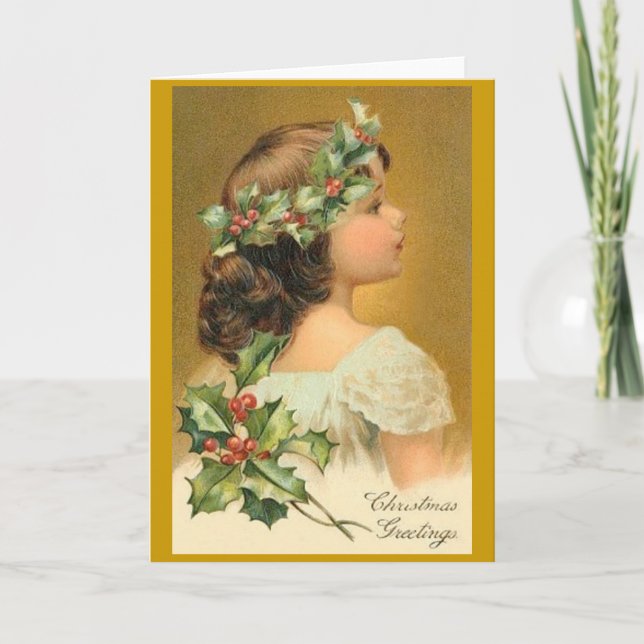 Vintage Christmas Card with Victorian Girl (Front)
