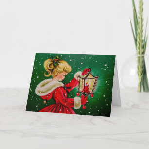 Vintage Christmas Card with Young Girl