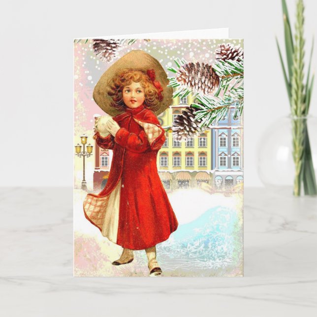 Vintage Christmas Card Young Girl Red Coat Village (Front)