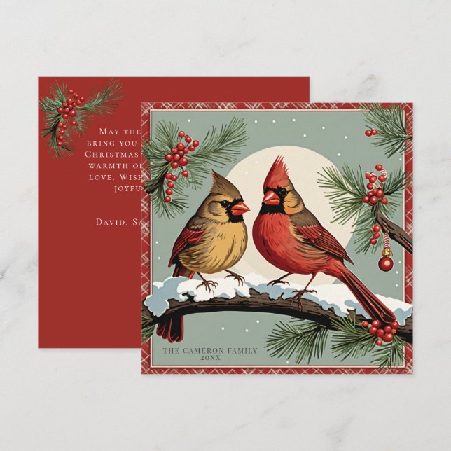Vintage Christmas Cardinal Birds Red Holiday Flat Card (Front/Back)