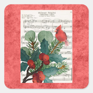 Vintage Christmas Cardinal Music Red Square Sticker