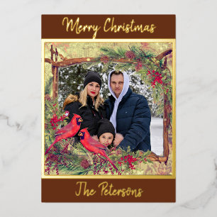 Vintage Christmas cardinals photo frame foil Holiday Card