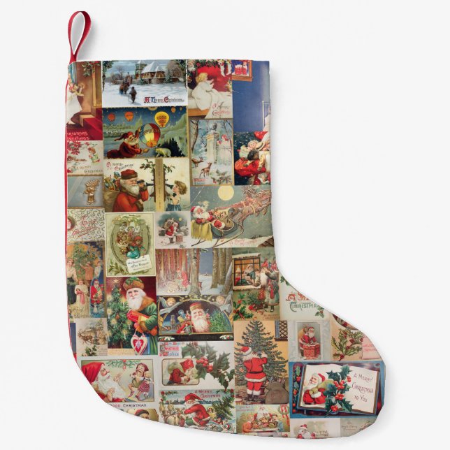 Vintage Christmas Cards Holiday Pattern Small Christmas Stocking (Front)