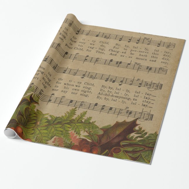 Vintage Christmas Carol Music Sheet Wrapping Paper (Unrolled)