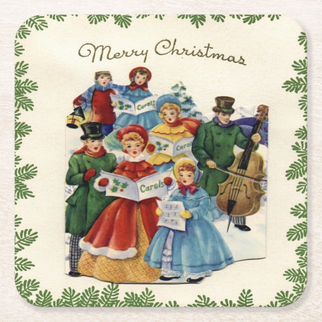 Vintage Christmas Carolers Christmas Square Paper Coaster (Front)